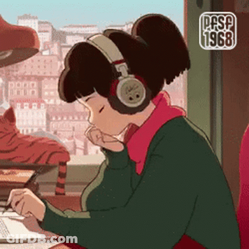 Girl With Headphones At Desk By Window GIF