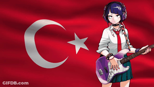 Girl With Headphones Holding Guitar With Flag GIF