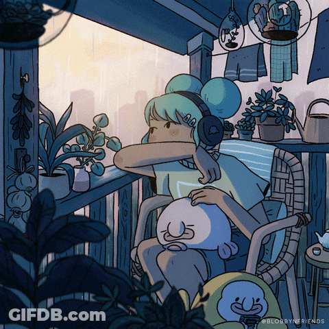 Girl With Headphones On Balcony With Potted Plants GIF