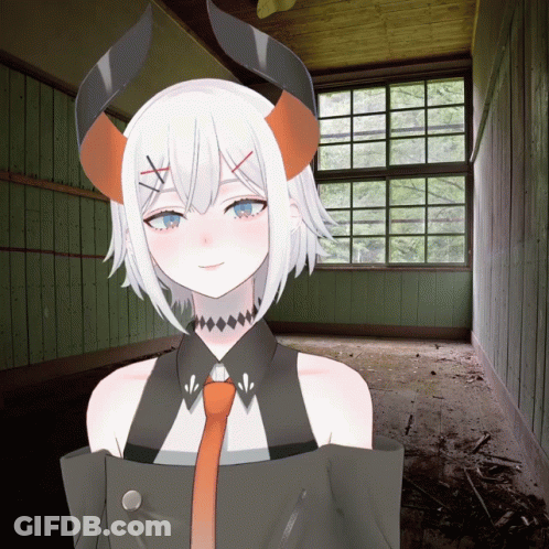 Girl With Horns And Tie In Hallway GIF