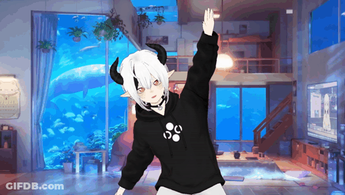 Girl With Horns In Black Hoodie With White Circle GIF