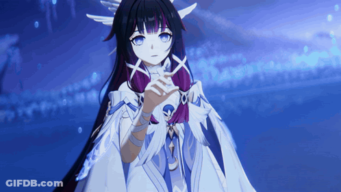 Girl With Long Black Hair And Blue Eyes In White And Purple Dress GIF