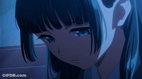 Girl With Long Black Hair And Blue Eyes Looking Down GIF