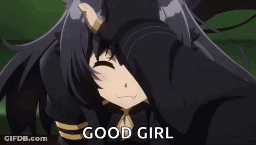 Girl With Long Black Hair And Horns Covering Face Saying Good Girl GIF