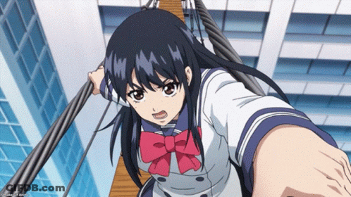 Girl With Long Black Hair And Red Bow On Rope Bridge GIF