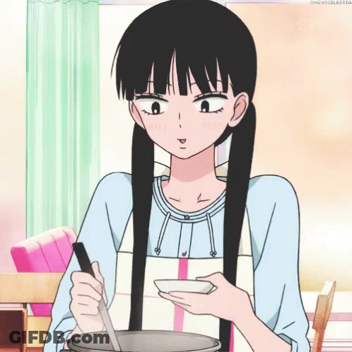 Girl With Long Black Hair Holding Bowl And Spoon GIF
