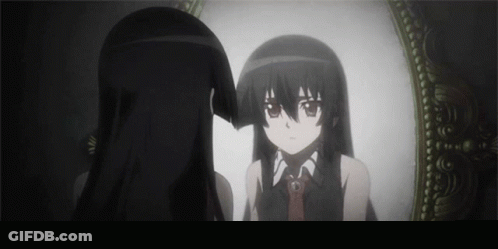 Girl With Long Black Hair Looking In Mirror GIF