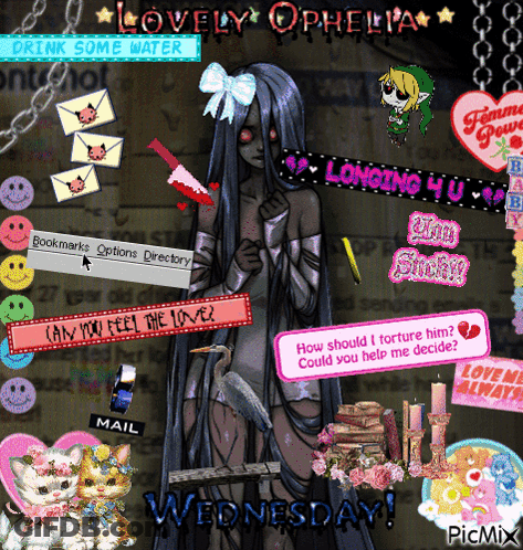 Girl With Long Black Hair Surrounded By Lovely Ophelia Stickers GIF
