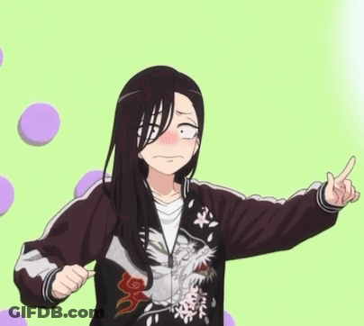 Girl With Long Black Hair Wearing Jacket With Bird Pointing GIF