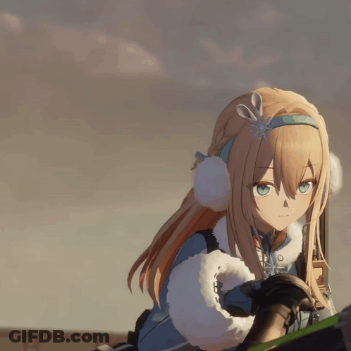 Girl With Long Blonde Hair And Blue Eyes Holding Rifle GIF