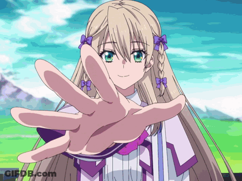 Girl With Long Blonde Hair And Purple Bows Reaching Out GIF
