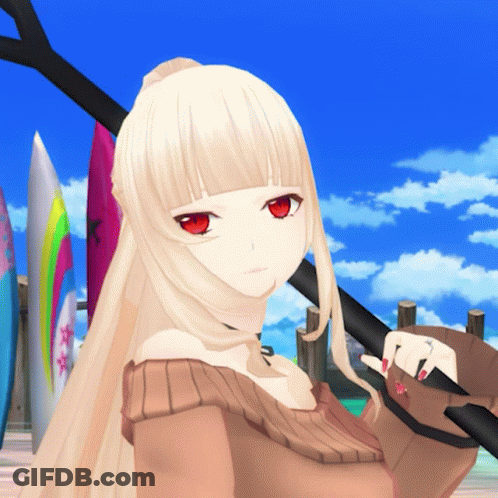 Girl With Long Blonde Hair And Red Eyes Holding Sword GIF