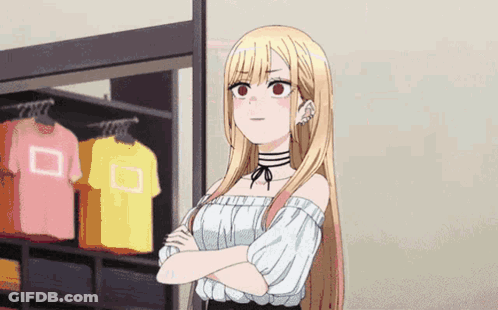Girl With Long Blonde Hair And Red Eyes In Front Of Closet GIF