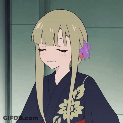Girl With Long Blonde Hair In Kimono With Flower GIF