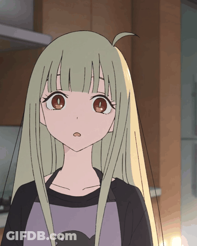 Girl With Long Blonde Hair Wearing Black Shirt And Purple Apron GIF