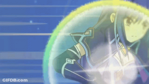 Girl With Long Blue Hair And Glowing Shield GIF