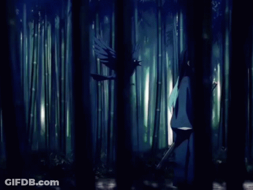 Girl With Long Blue Hair Holding Sword In Forest GIF