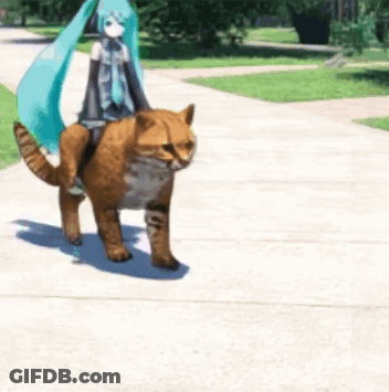 Girl With Long Blue Hair Riding A Cat On Sidewalk GIF