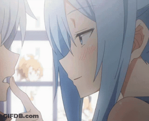 Girl With Long Blue Hair Touching Friend's Nose GIF