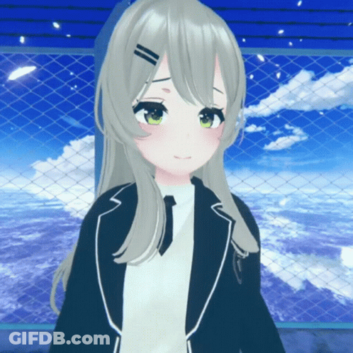 Girl With Long Grey Hair And Green Eyes Standing In Front Of Fence GIF