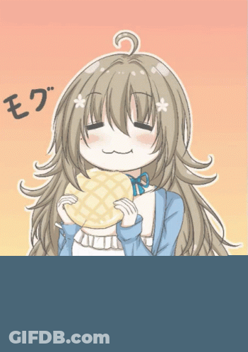 Girl With Long Hair Holding Waffle And Chinese Writing GIF