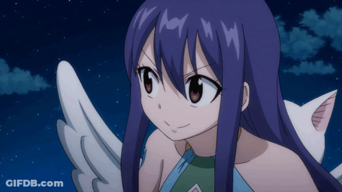 Girl With Long Purple Hair And White Wings Smiling GIF