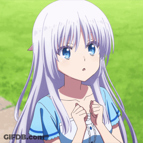 Girl With Long White Hair And Blue Eyes In Blue Dress GIF