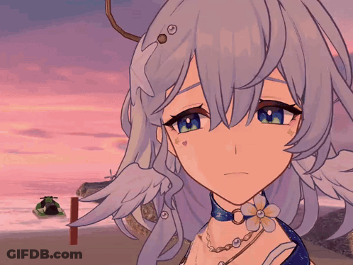 Girl With Long White Hair And Blue Eyes Standing On Beach GIF