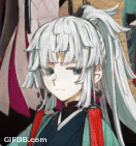 Girl With Long White Hair And Ponytail In Green And Red Kimono GIF