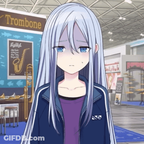 Girl With Long White Hair In Front Of Trombone Poster GIF