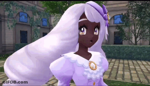 Girl With Long White Hair In Purple Dress And Hat GIF
