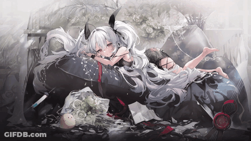 Girl With Long White Hair Laying On Bed With Flowers GIF