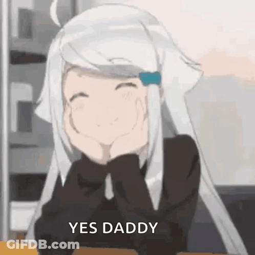 Girl With Long White Hair Sitting At Table GIF
