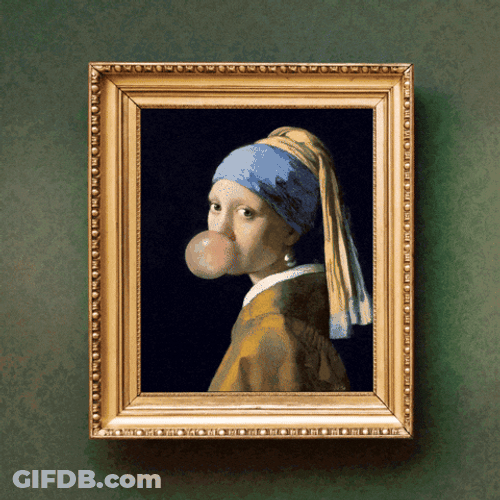 Girl With Pearl Earring Blowing Bubble Gum GIF