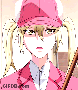 Girl With Pigtails In Pink Hat Holding Broom GIF