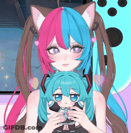 Girl With Pink And Blue Hair Holding Stuffed Doll GIF