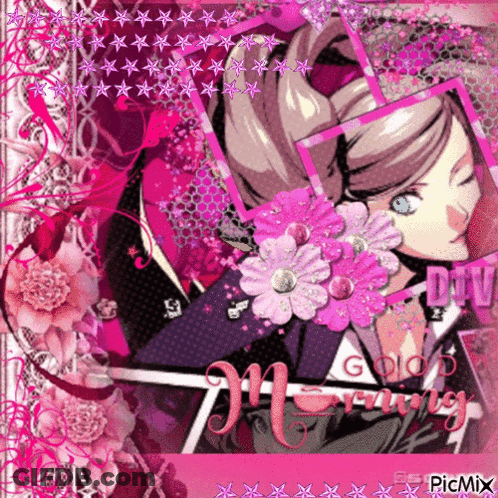 Girl With Pink Flowers Saying Good Morning GIF