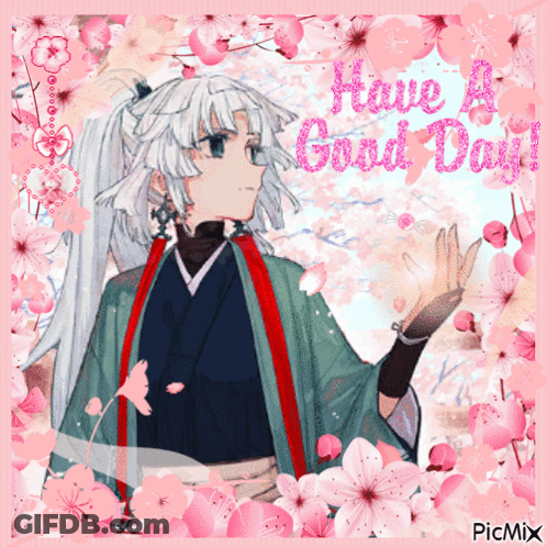 Girl With Pink Flowers Saying Have A Good Day GIF