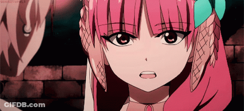 Girl With Pink Hair And Blue Bow Looking At Another Girl GIF