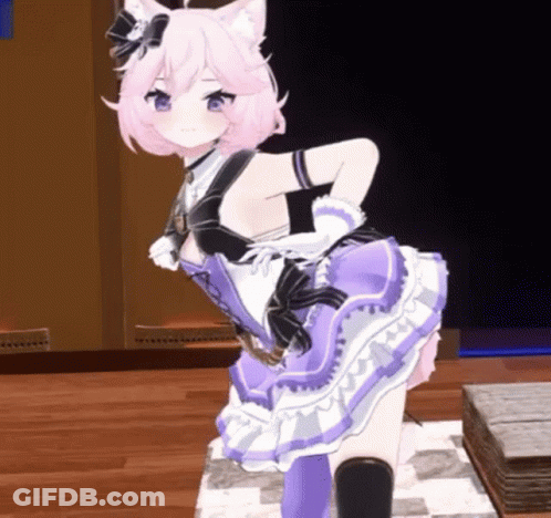 Girl With Pink Hair And Blue Eyes In Purple And White Dress GIF