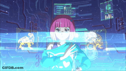 Girl With Pink Hair And Blue Shirt In Front Of Screen GIF