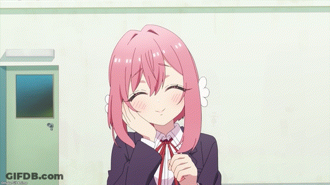 Girl With Pink Hair And Bow Tie Smiling Hand To Face GIF