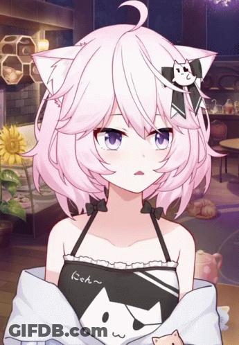 Girl With Pink Hair And Cat Shirt And Bow GIF