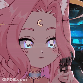 Girl With Pink Hair And Crescent Moon Holds Gun GIF