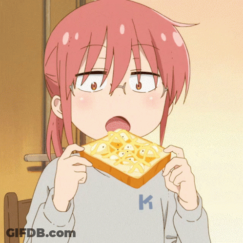 Girl With Pink Hair And Glasses Eating Toast With K Shirt GIF