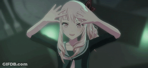 Girl With Pink Hair And Green Eyes Holding Fists Up GIF