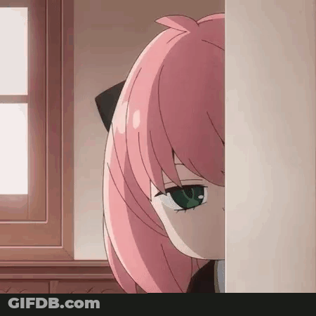 Girl With Pink Hair And Green Eyes Peeking From Wall GIF