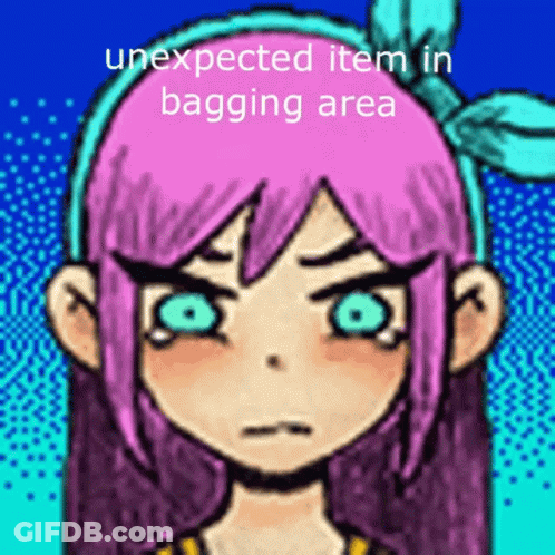 Girl With Pink Hair And Green Eyes Saying Unexpected Item In Bagging Area GIF