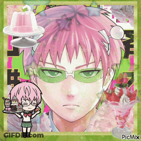 Girl With Pink Hair And Green Glasses Holding Tray Of Food GIF