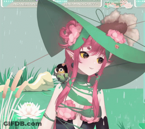 Girl With Pink Hair And Green Hat And Flowers GIF